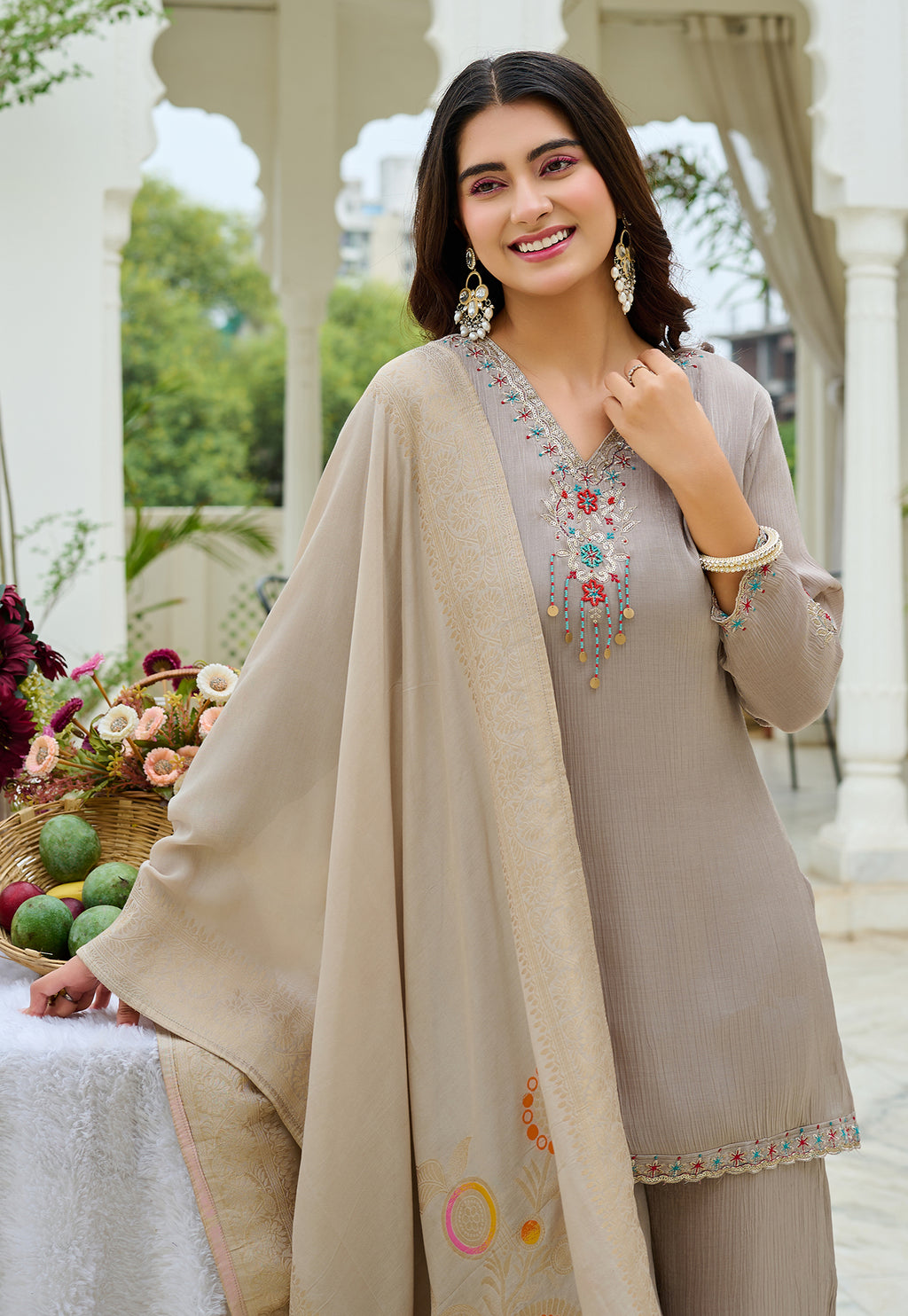 Women  Chiffon Silk Kurta Palazzo Set with Muslin Jacquard Dupatta-IV-1116