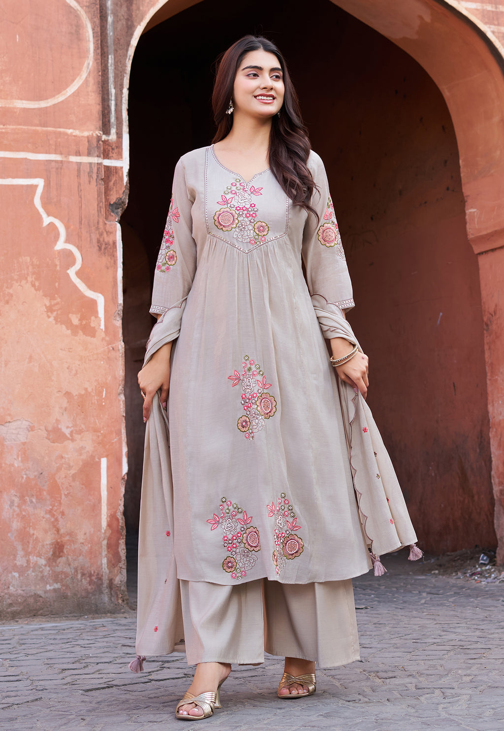 Women Ethnic Motifs Embroidered Empire Thread Work Chanderi Cotton Kurta with Palazzos & With Dupatta-IV-1012