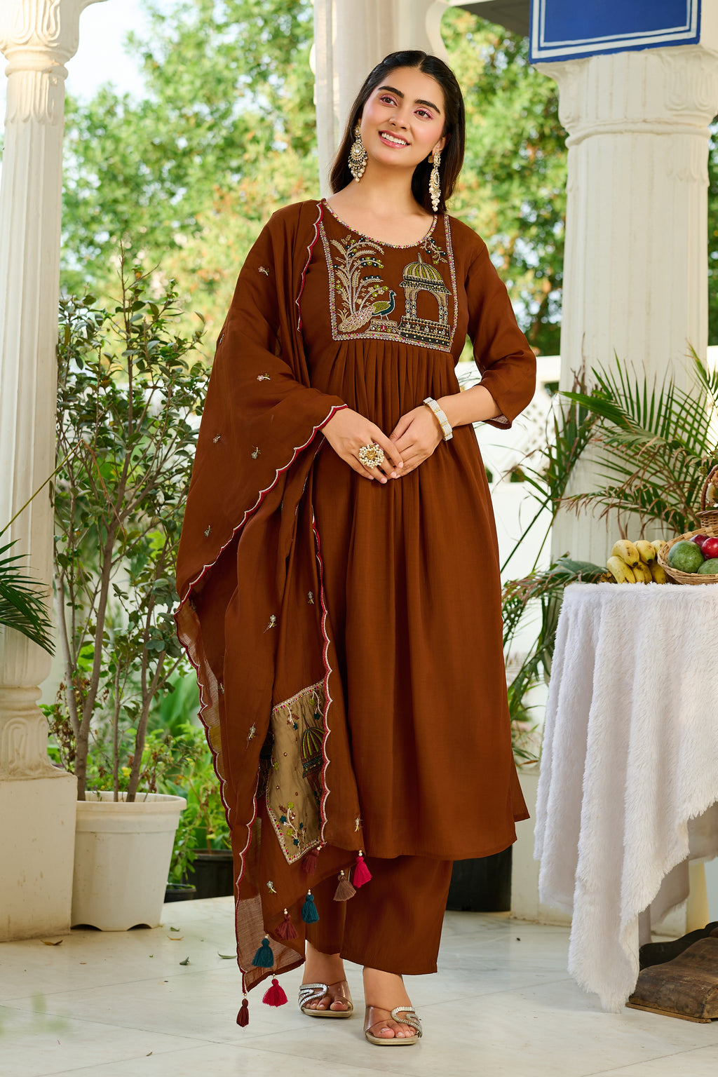 Women Ethnic Motifs Embroidered Empire Thread Work Chanderi Cotton Kurta with Trousers & With Dupatta-IV-1125