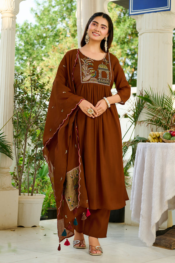 Women Ethnic Motifs Embroidered Empire Thread Work Chanderi Cotton Kurta with Trousers & With Dupatta-IV-1125