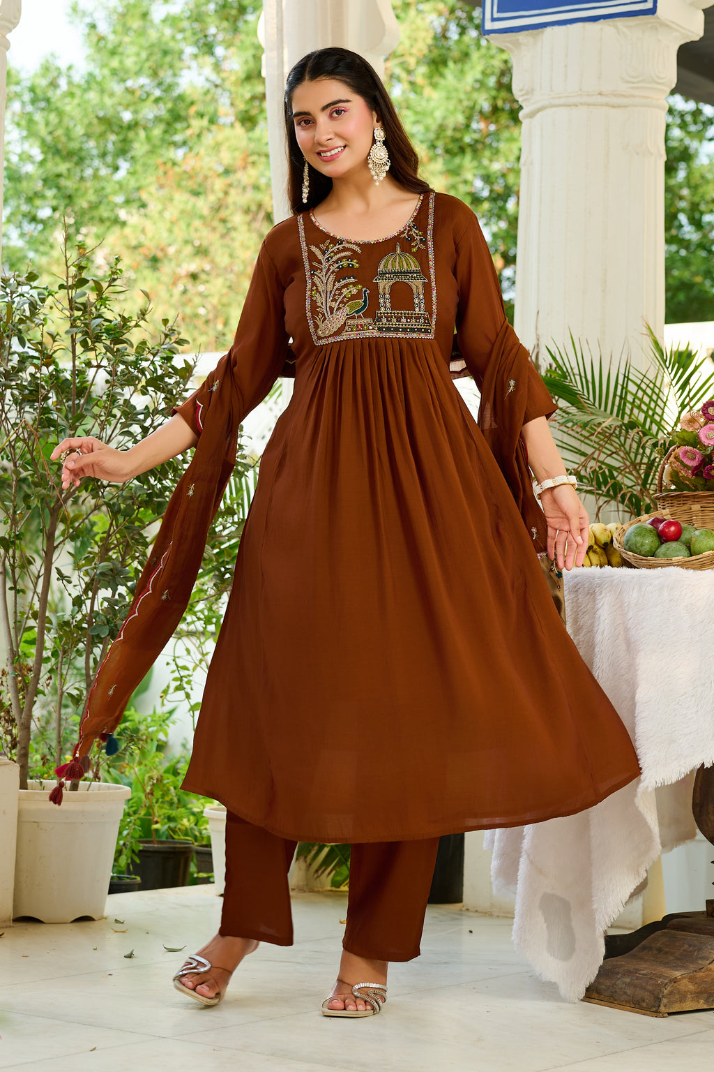 Women Ethnic Motifs Embroidered Empire Thread Work Chanderi Cotton Kurta with Trousers & With Dupatta-IV-1125
