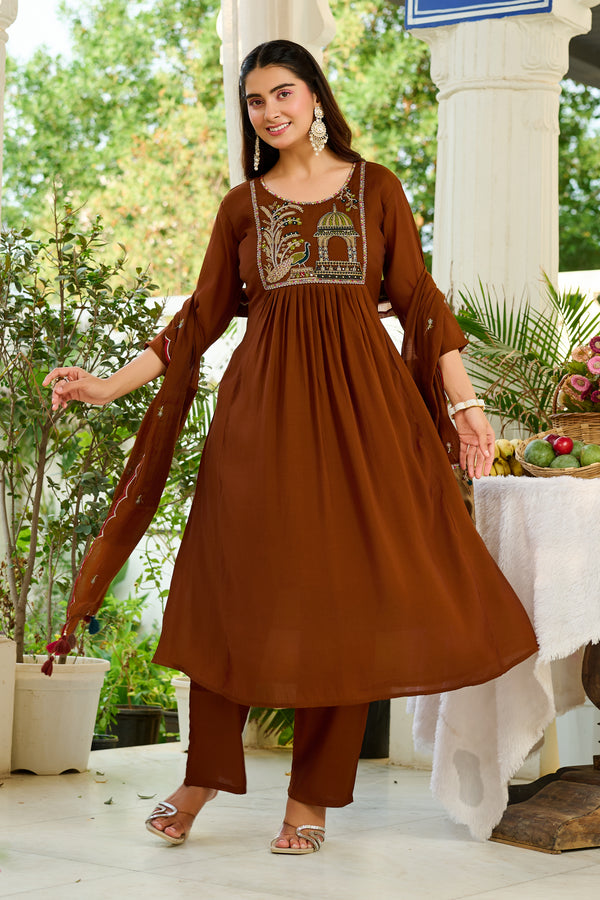 Women Ethnic Motifs Embroidered Empire Thread Work Chanderi Cotton Kurta with Trousers & With Dupatta-IV-1125