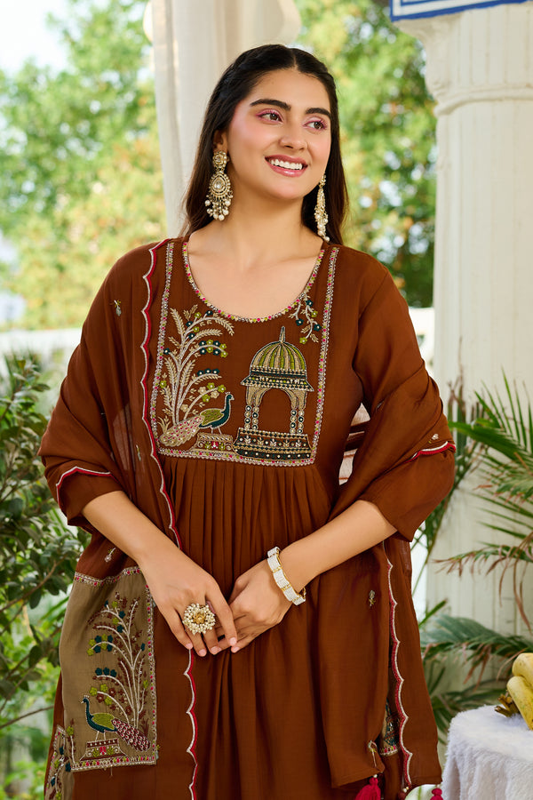 Women Ethnic Motifs Embroidered Empire Thread Work Chanderi Cotton Kurta with Trousers & With Dupatta-IV-1125