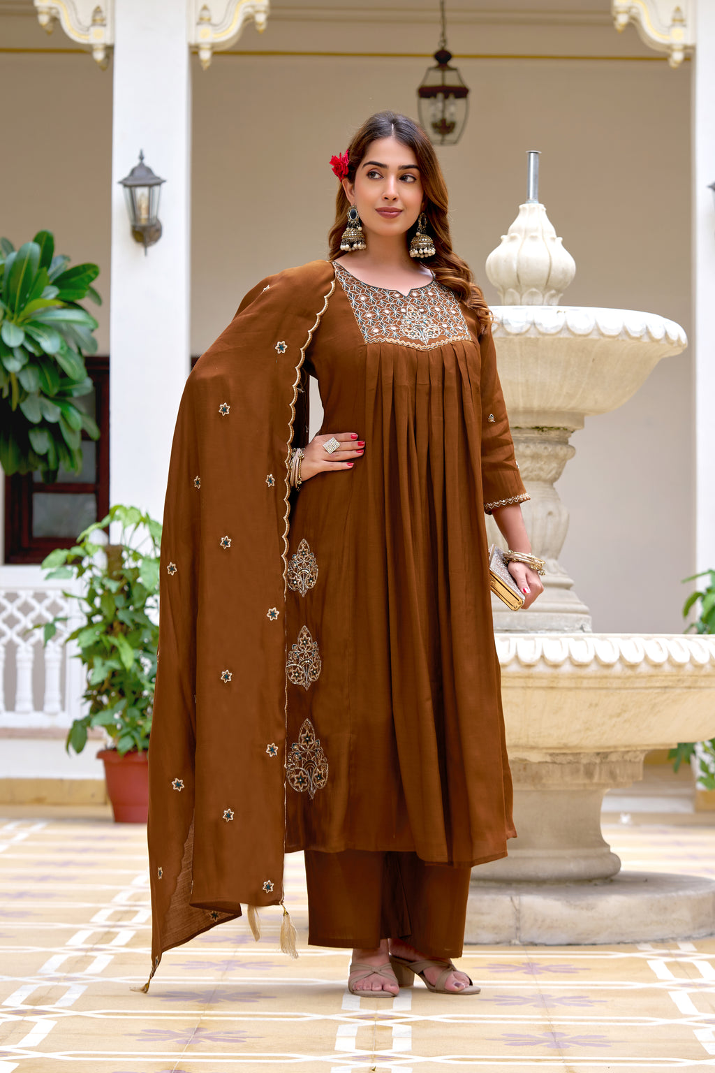 Women Floral Embroidered Empire Thread Work Chanderi Cotton Kurta with Trousers & With Dupatta-KS-365