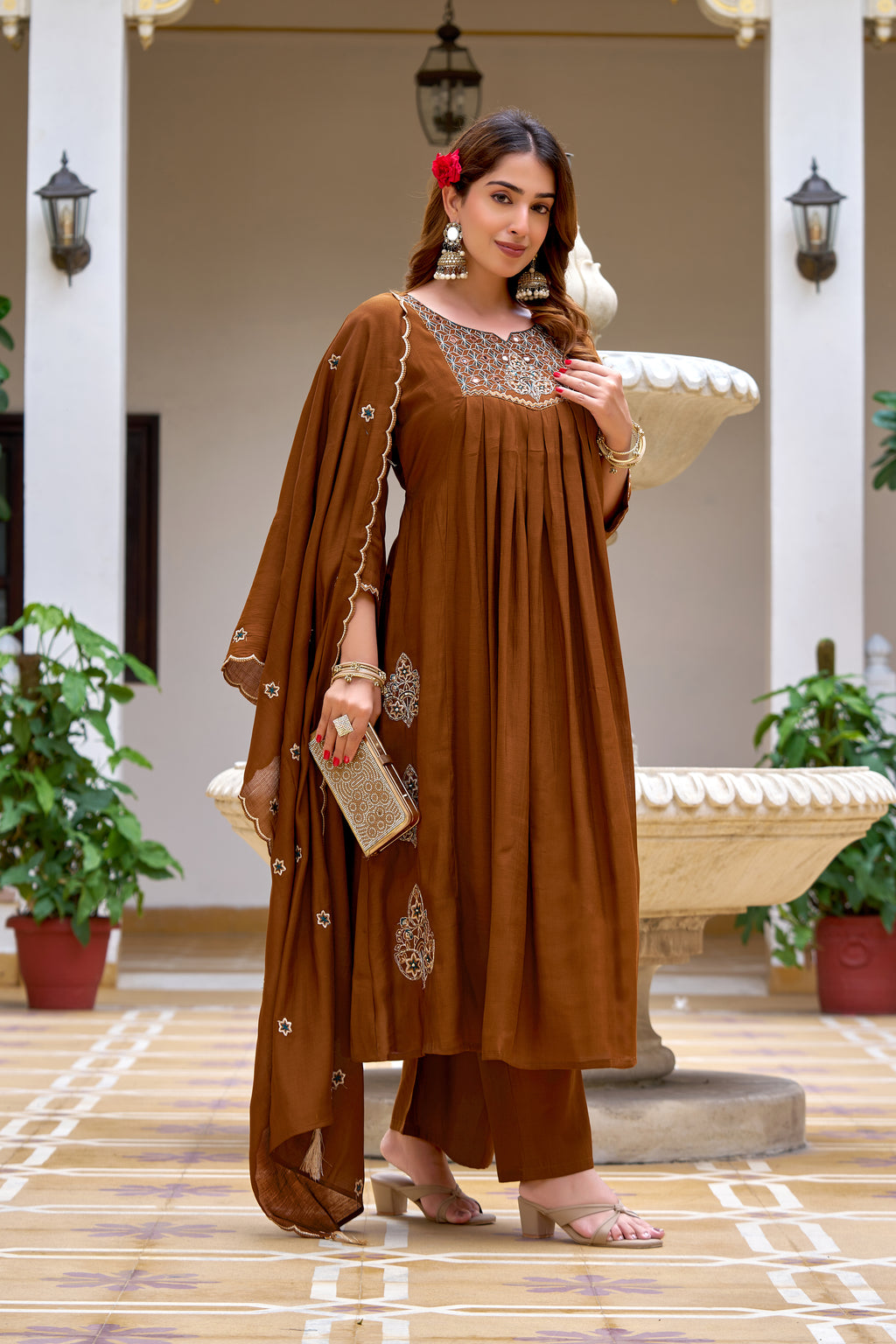 Women Floral Embroidered Empire Thread Work Chanderi Cotton Kurta with Trousers & With Dupatta-KS-365