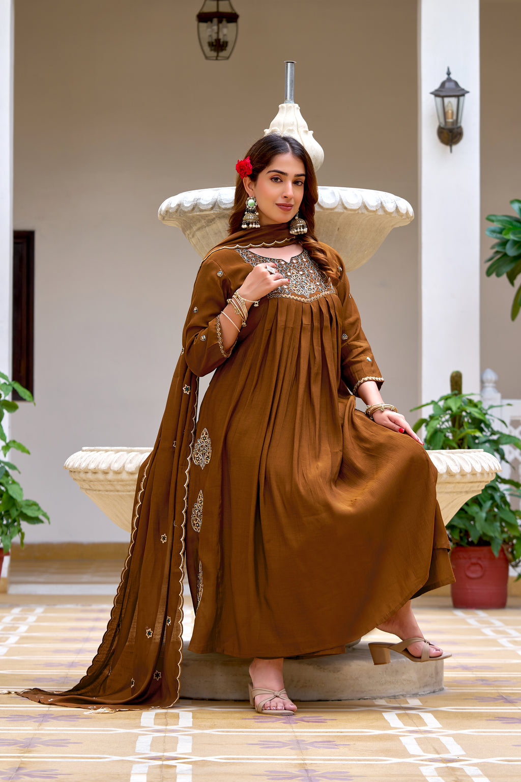 Women Floral Embroidered Empire Thread Work Chanderi Cotton Kurta with Trousers & With Dupatta-KS-365