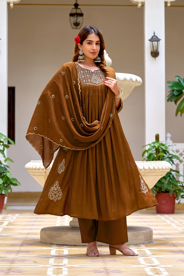 Women Floral Embroidered Empire Thread Work Chanderi Cotton Kurta with Trousers & With Dupatta-KS-365