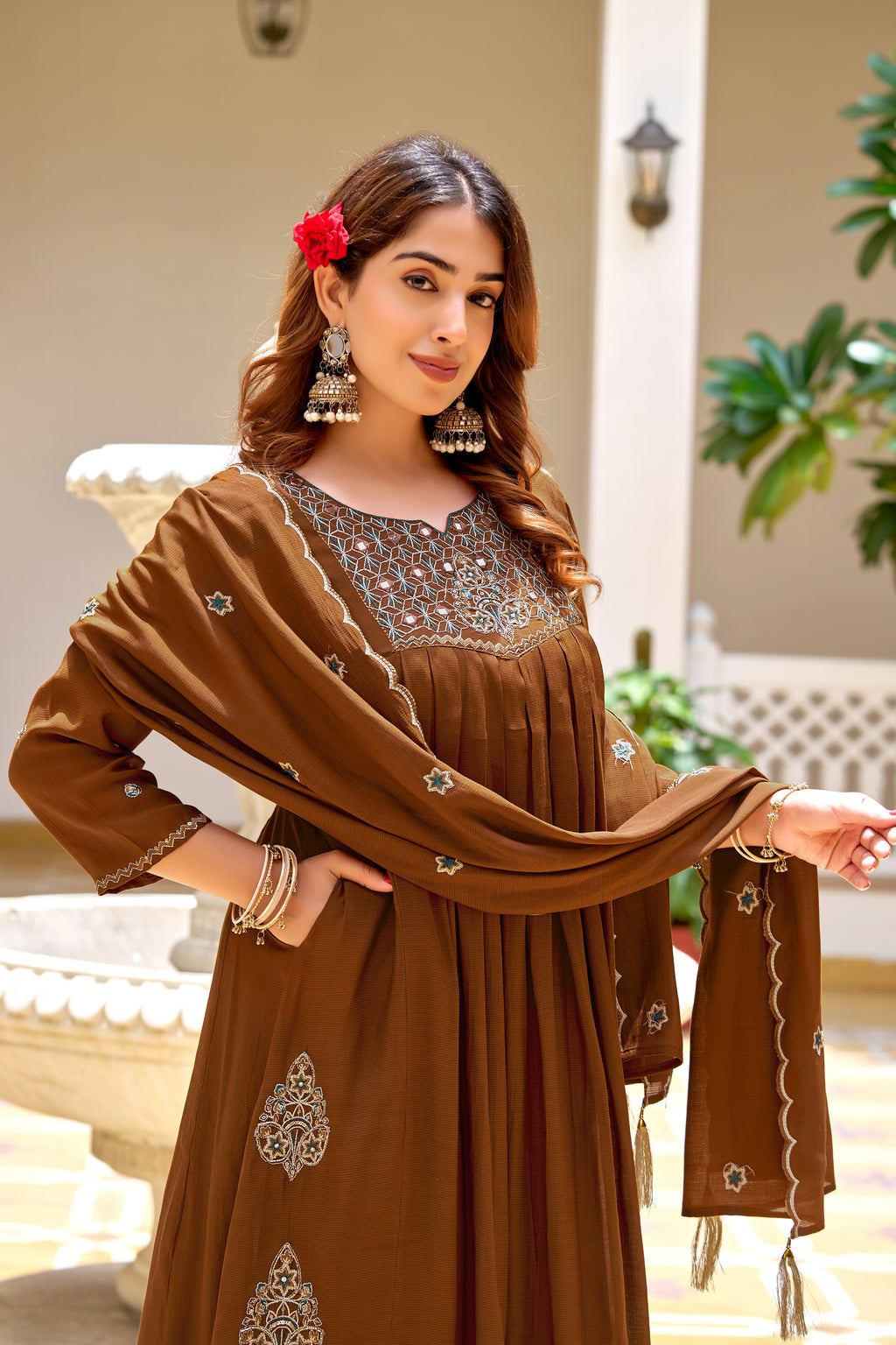 Women Floral Embroidered Empire Thread Work Chanderi Cotton Kurta with Trousers & With Dupatta-KS-365