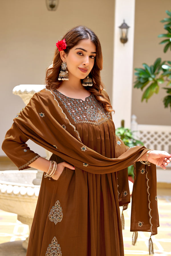 Women Floral Embroidered Empire Thread Work Chanderi Cotton Kurta with Trousers & With Dupatta-KS-365