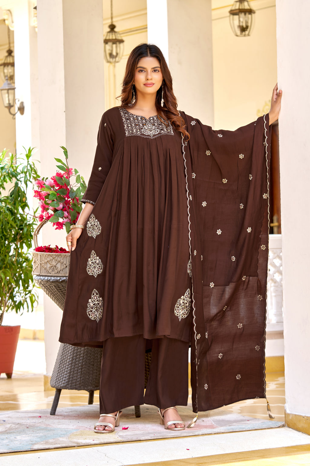 Floral Printed Mull Chanderi Kurta With Palazzos And Dupatta-KS-364