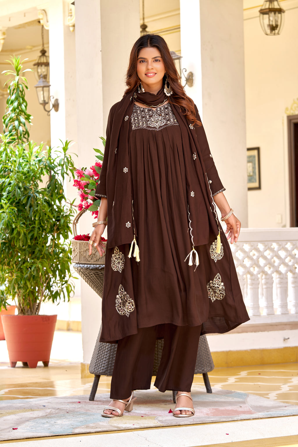 Floral Printed Mull Chanderi Kurta With Palazzos And Dupatta-KS-364