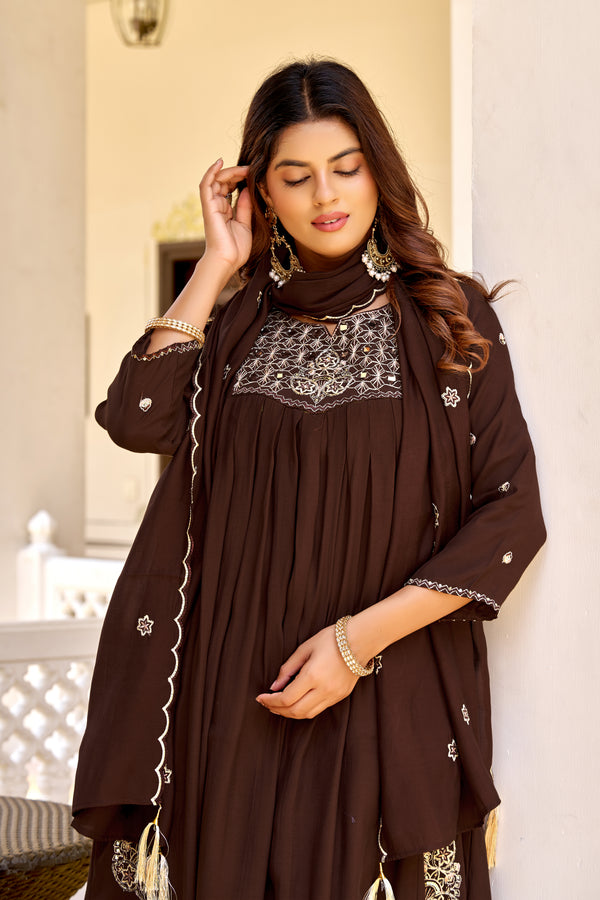 Floral Printed Mull Chanderi Kurta With Palazzos And Dupatta-KS-364