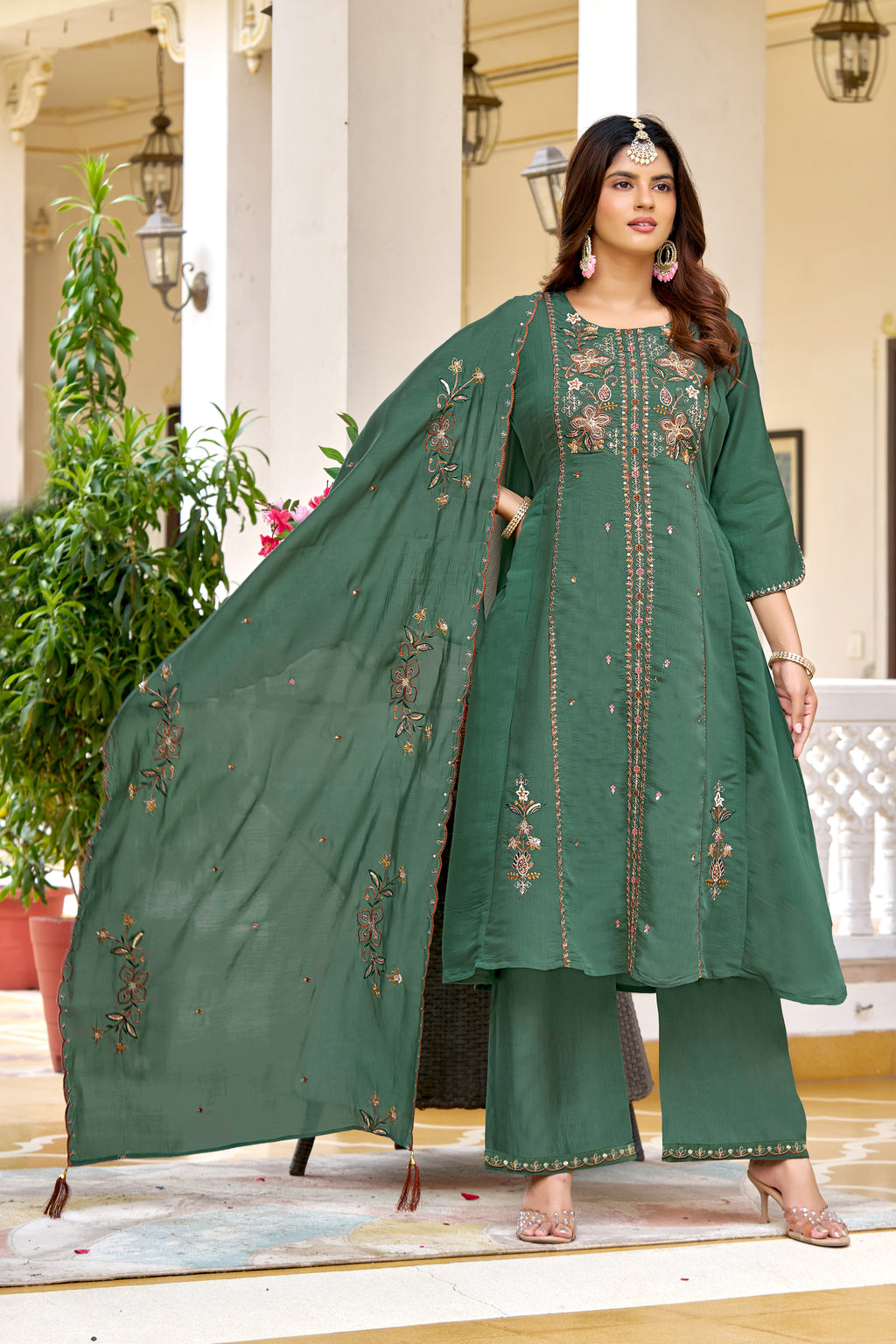Elegant Green Mul Chanderi Embroidered Kurta Set-KS-367