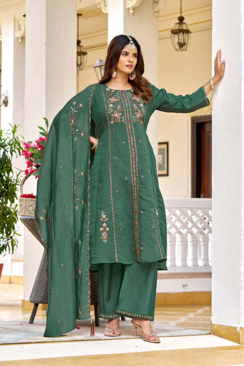 Elegant Green Mul Chanderi Embroidered Kurta Set-KS-367