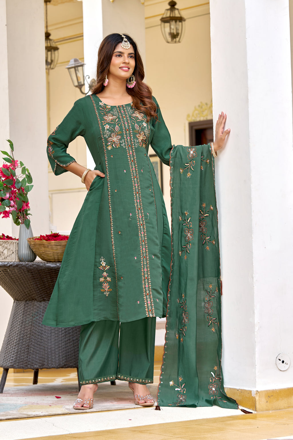 Elegant Green Mul Chanderi Embroidered Kurta Set-KS-367