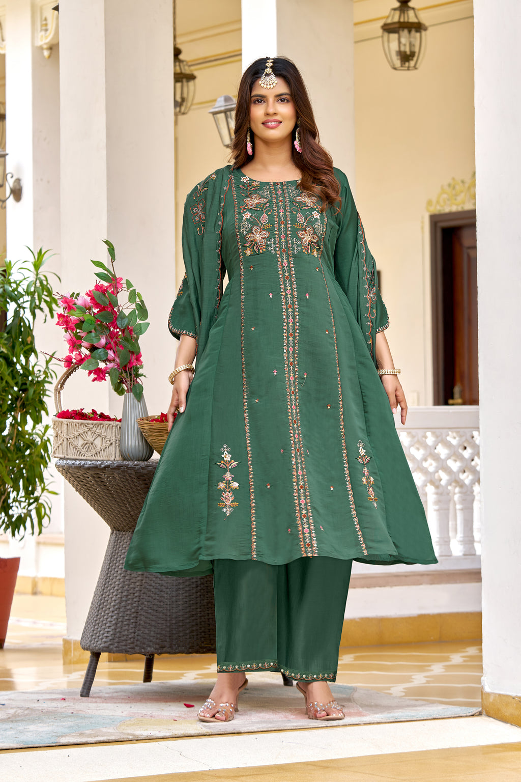 Elegant Green Mul Chanderi Embroidered Kurta Set-KS-367