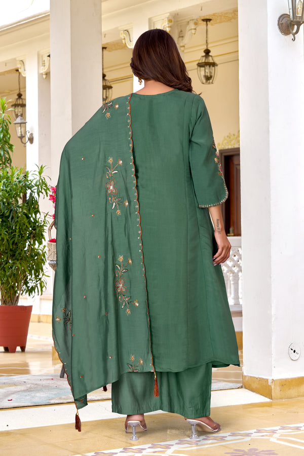 Elegant Green Mul Chanderi Embroidered Kurta Set-KS-367