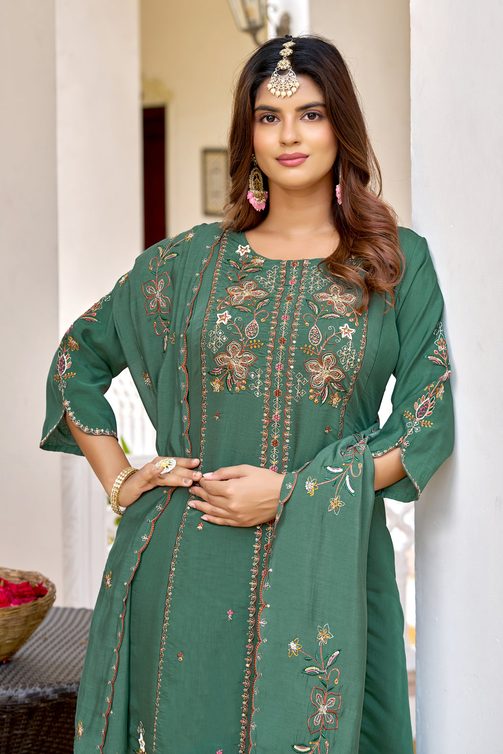 Elegant Green Mul Chanderi Embroidered Kurta Set-KS-367