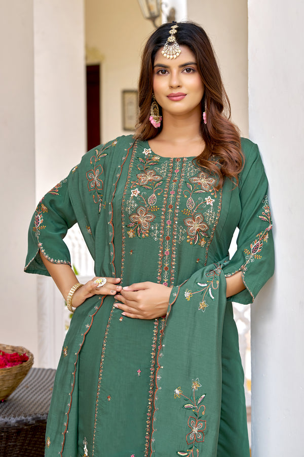 Elegant Green Mul Chanderi Embroidered Kurta Set-KS-367