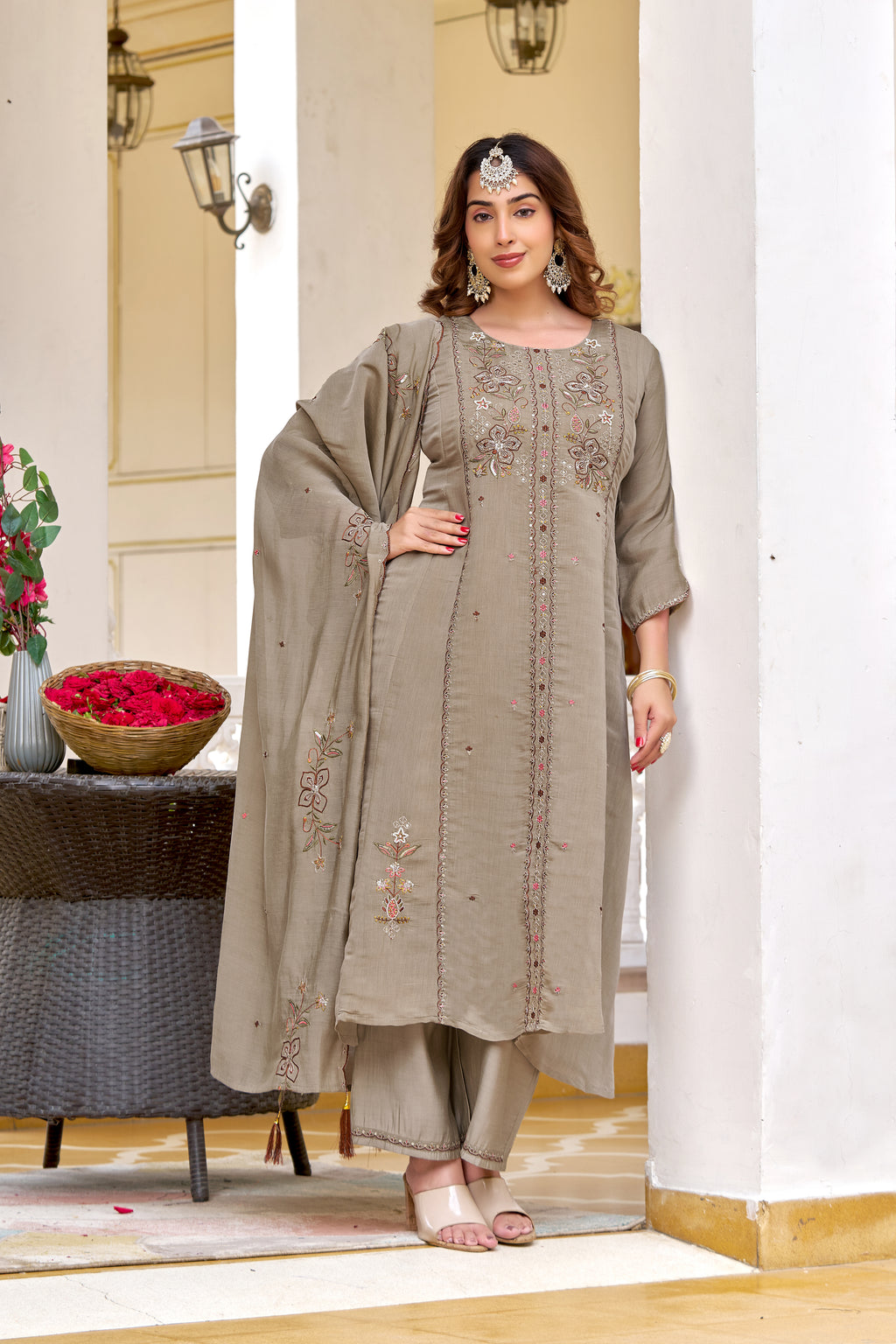 Elegant Mul Chanderi Embroidered Kurta Set-KS-368