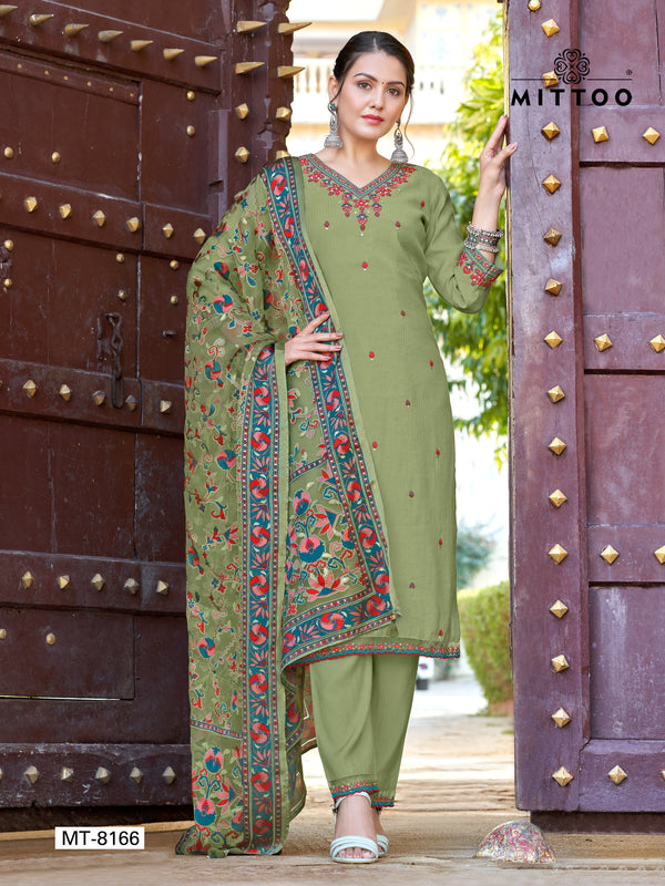 Graceful Pairing: Light Green Kurta and Brasso Embellished Dupatta-MT-8166