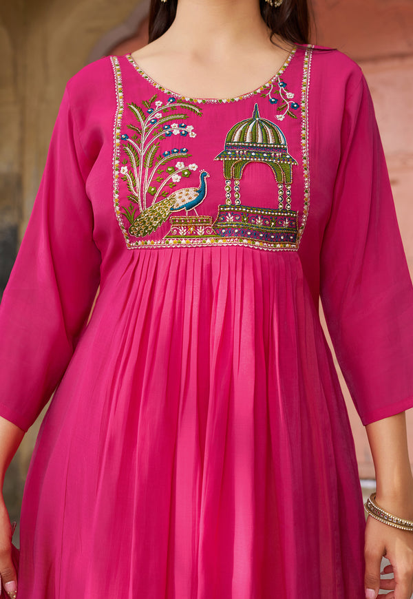 Women Ethnic Motifs Embroidered Empire Thread Work Chanderi Cotton Kurta with Trousers & With Dupatta-IV-1009