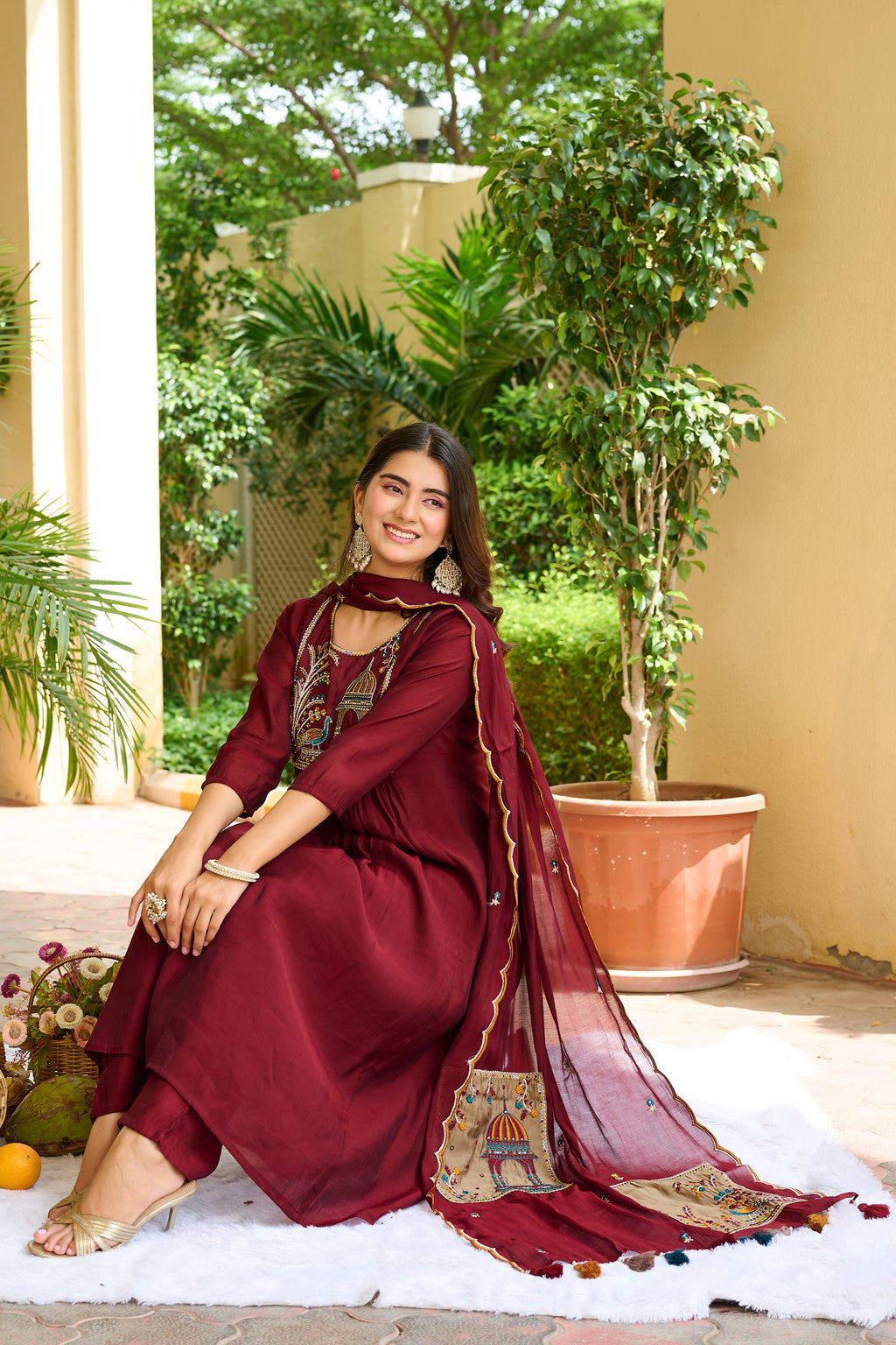 Women Ethnic Motifs Embroidered Empire Thread Work Chanderi Cotton Kurta with Trousers & With Dupatta-IV-1124