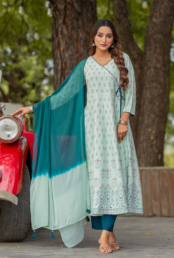 Women Ethnic Motifs Printed Angrakha Kurta with Trousers & With Dupatta