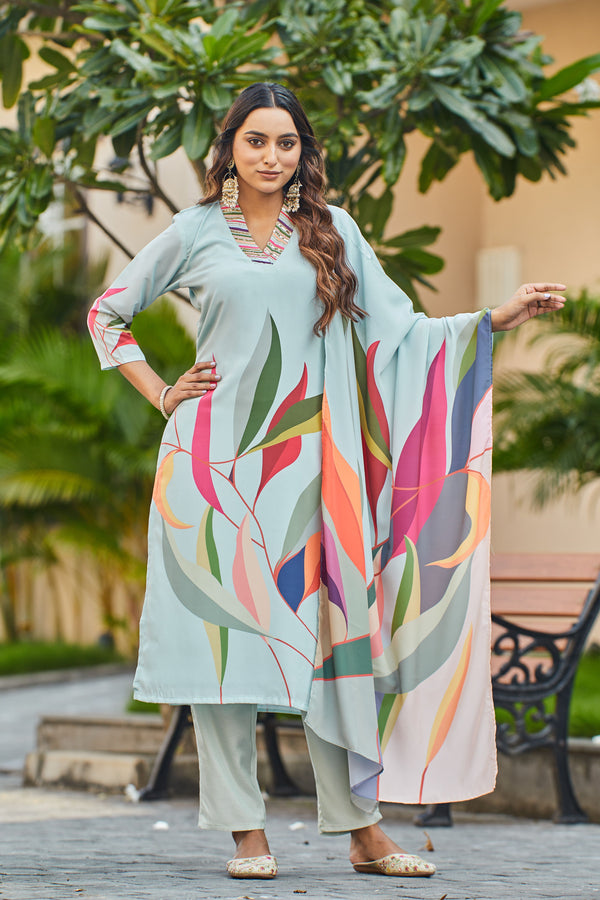 Abstract Printed Sequinned V-Neck  With Trouser & Dupatta