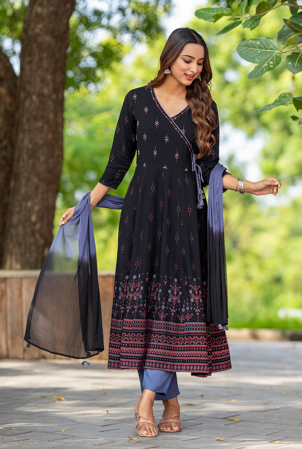 Women Ethnic Motifs Printed Angrakha Kurta with Trousers & With Dupatta