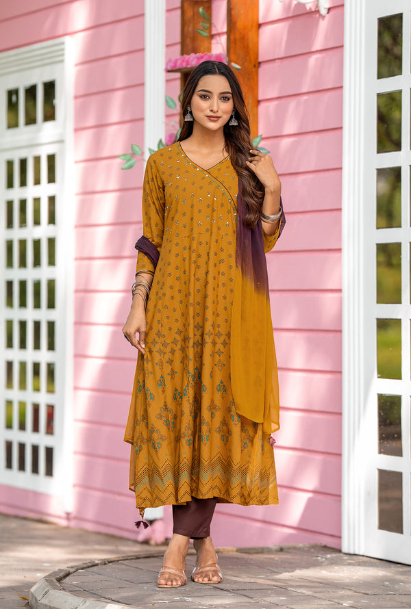 Women Ethnic Motifs Printed Angrakha Kurta with Trousers & With Dupatta