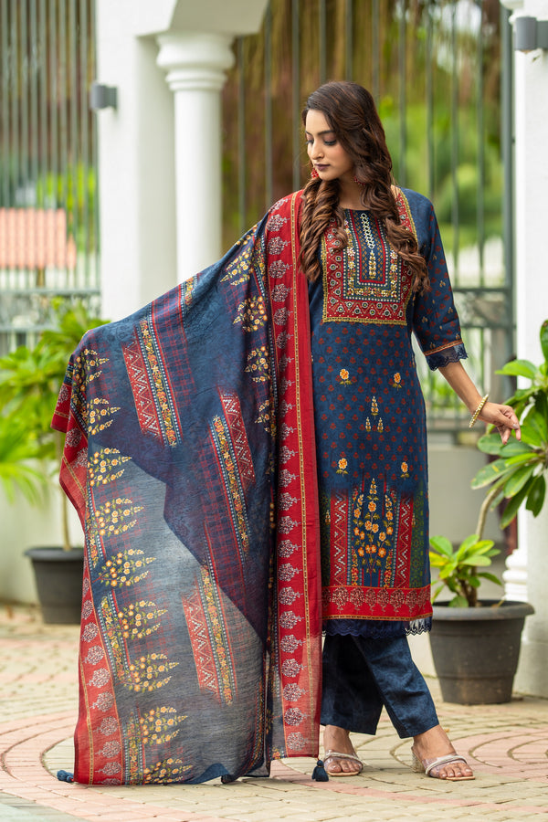 Floral Printed Straight Kurta with Palazzos & With Dupatta