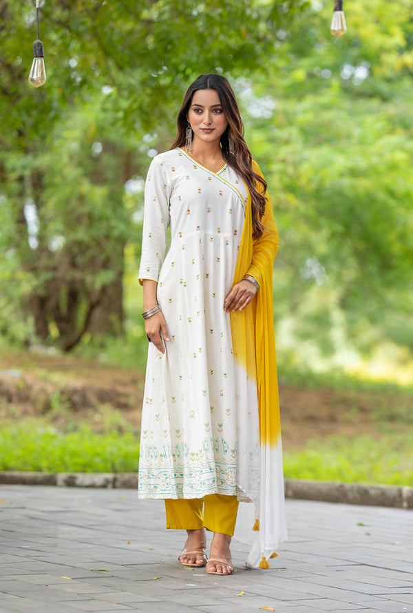 Women Ethnic Motifs Printed Angrakha Kurta with Trousers & With Dupatta