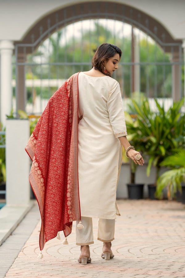 Floral Embroidered Straigt Kurta with Palazzos & With Dupatta