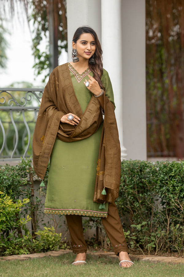 Embroidered Mirror Work Pure Silk Straight Kurta with Trousers & With Dupatta