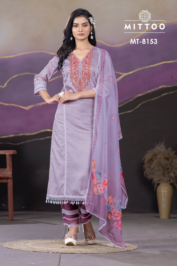 Modal Chanderi Purple Kurti Pant Set with Dupatta-MT-8153