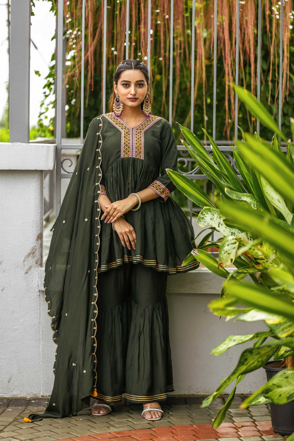 ARMY GREEN Mittoo KURTA SHARARA WITH DUPATTA-MT-8118