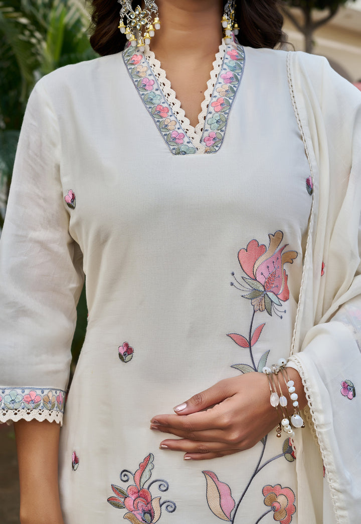 Women Embroidered Thread Work Mull Cotton Kurta with Trouser & With Du ...