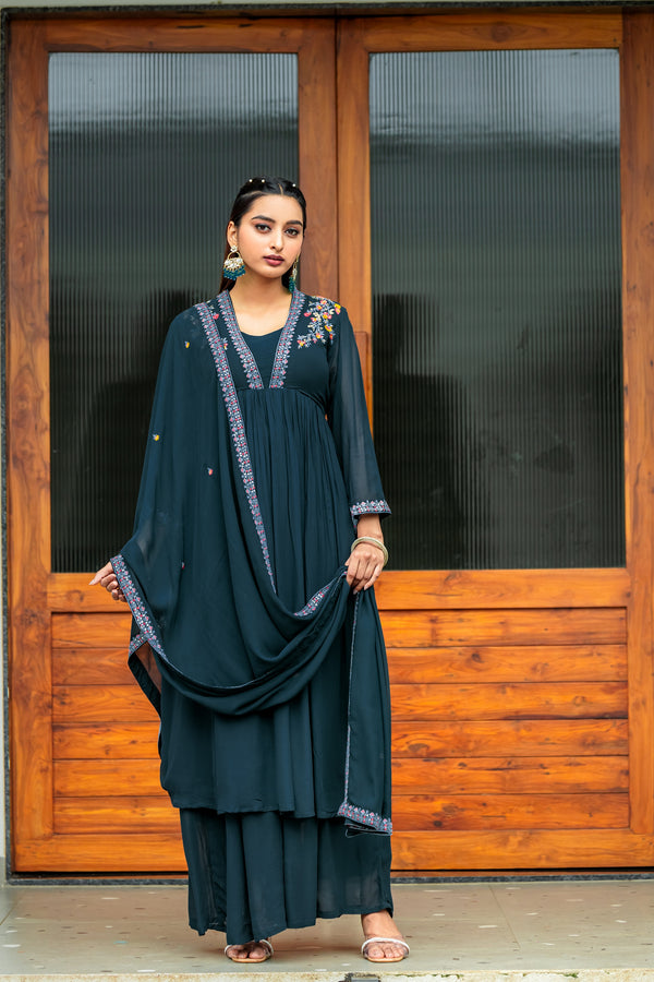 Floral Embroidered Pleated Anarkali Kurta with Palazzos & With Dupatta