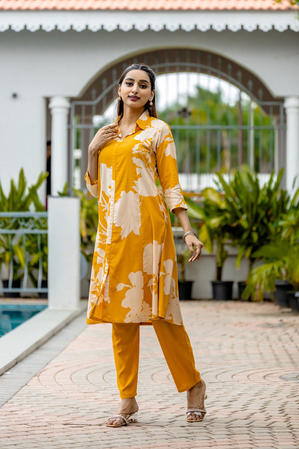 Floral Printed Shirt Collar A-Line Kurta With Pyjama-ALEXA