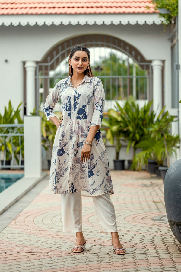 Floral Printed Shirt Collar A-Line Kurta With Pyjama