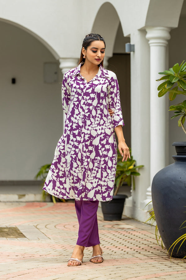 Floral Printed Shirt Collar A-Line Kurta With Pyjama