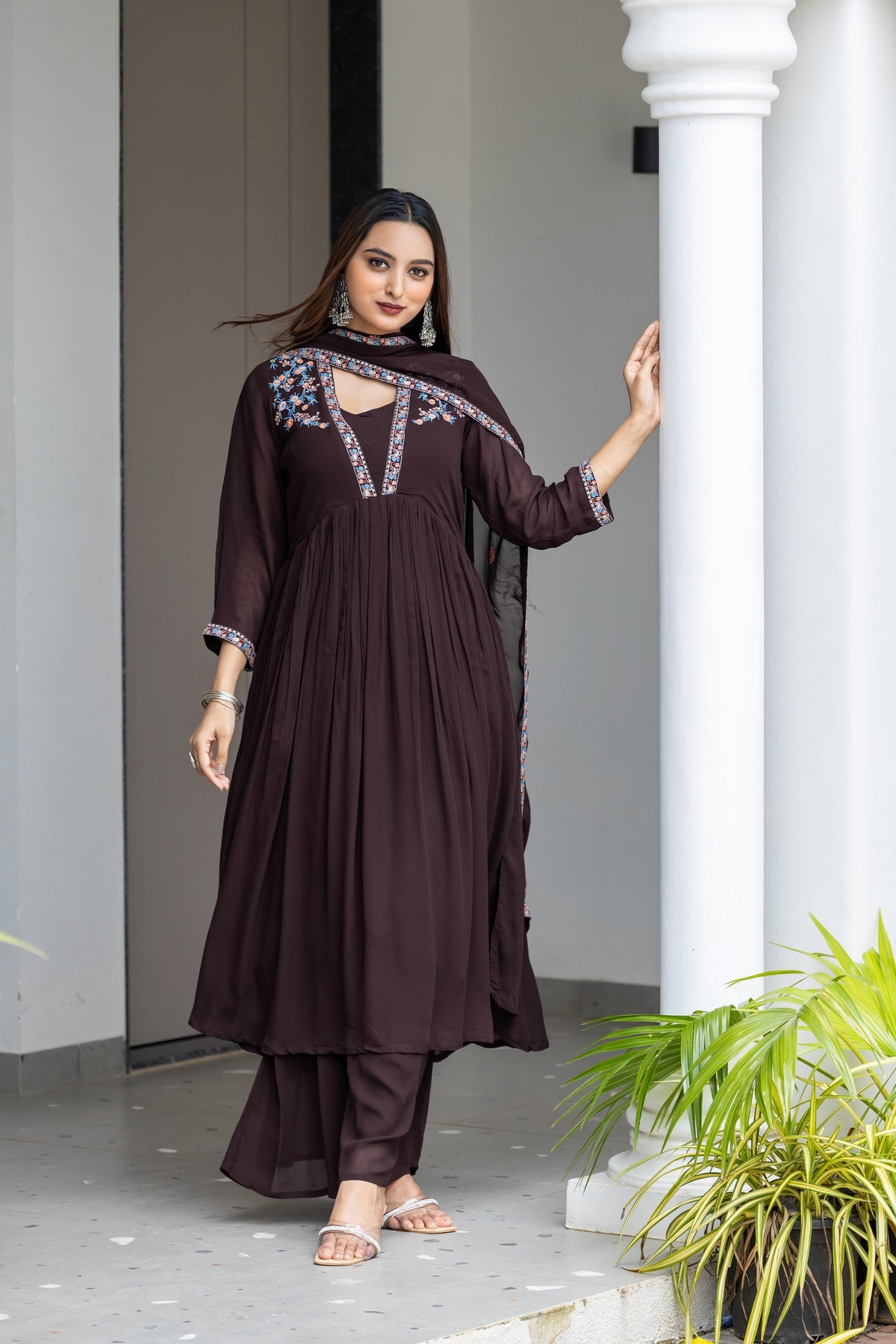 Floral Yoke Design Pleated Thread Work Anarkali Kurta With Palazzos With Dupatta by Khantil Group