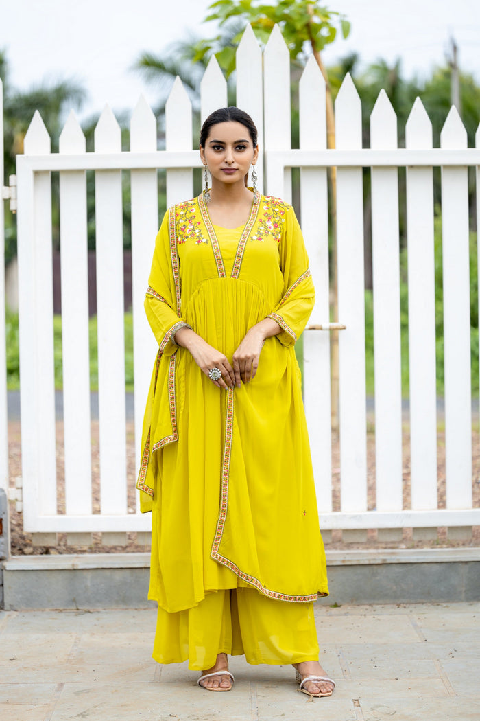 Floral Embroidered Pleated Anarkali Kurta With Palazzos & Dupatta