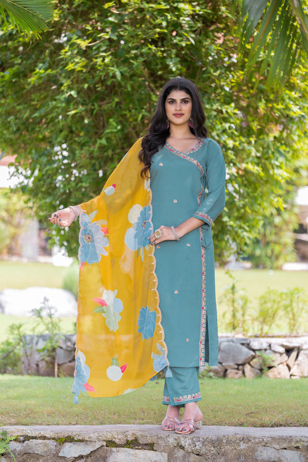 Viscose Fabric Sequence Embroidered Work Straight Cut Kurta Pant and Dupatta Set