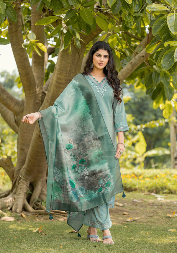 Women's viscos Rayon Straight Embroidered Kurta with Pant & Dupatta