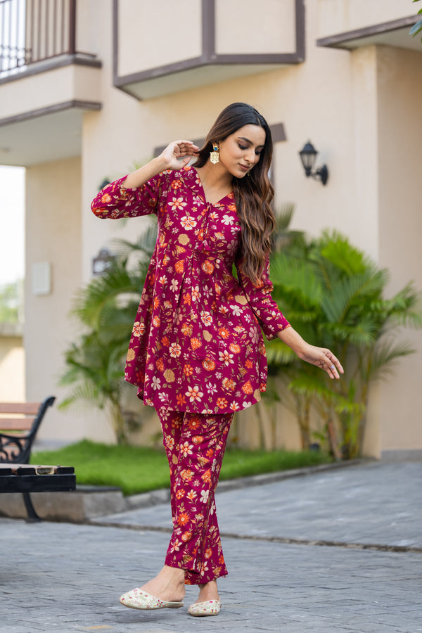 Designer Floral Straight Cotton Kurta Pant Cord Set for Women