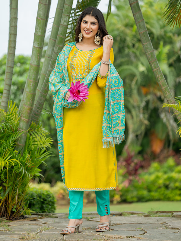 Floral Embroidered Thread Work Kurta with Trouser & Dupatta