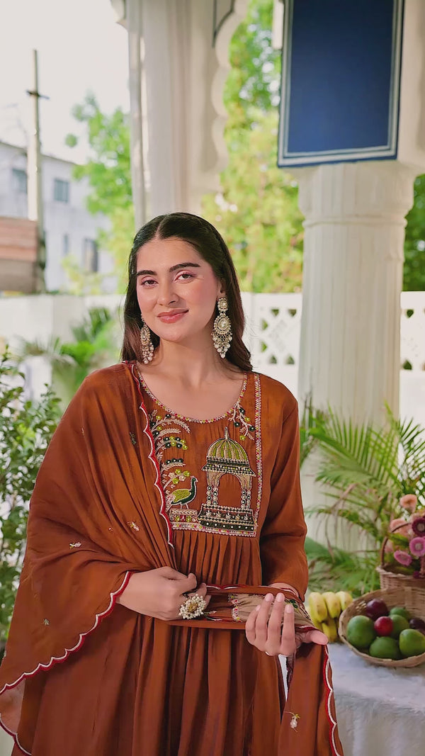 Women Ethnic Motifs Embroidered Empire Thread Work Chanderi Cotton Kurta with Trousers & With Dupatta-IV-1125